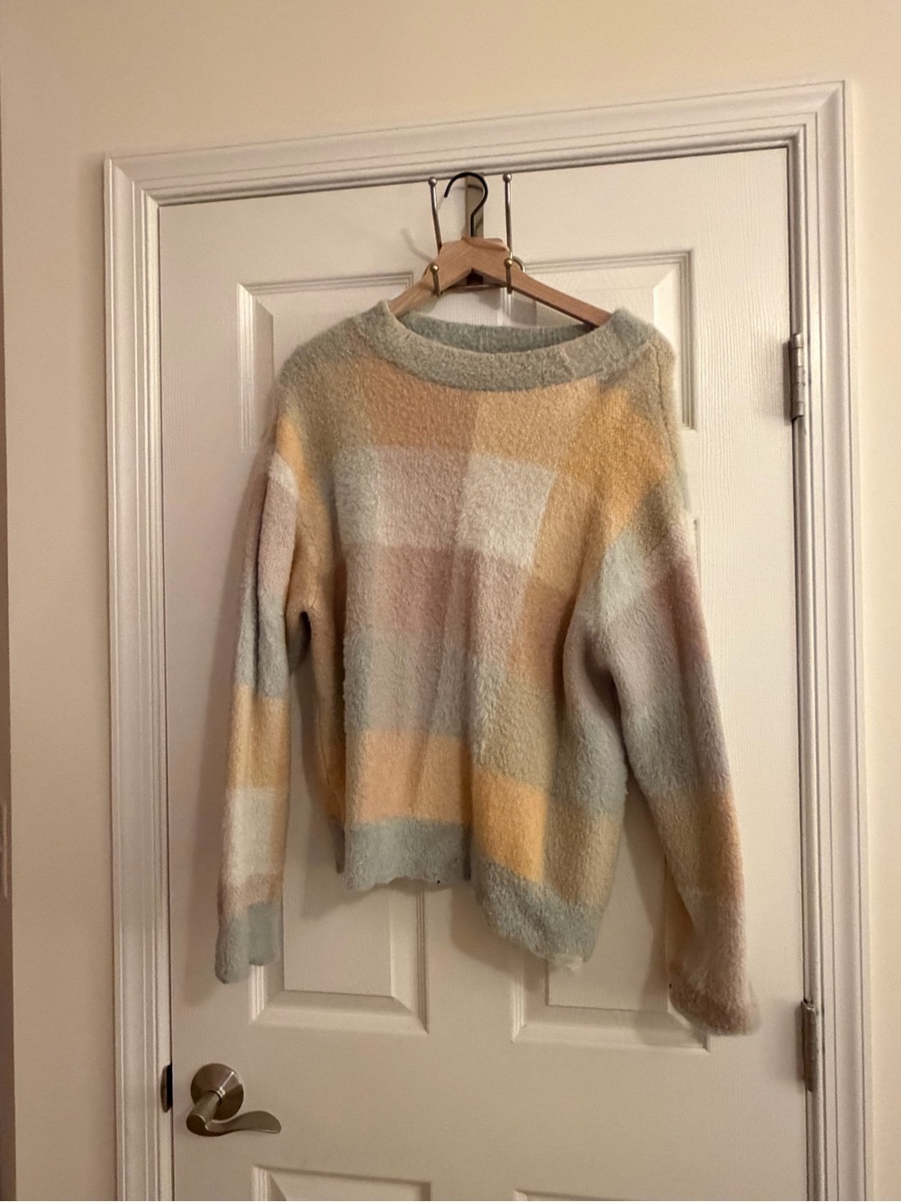 Ann Taylor Pastel Plaid Crewneck Sweater - Mint, Yellow & Pink
